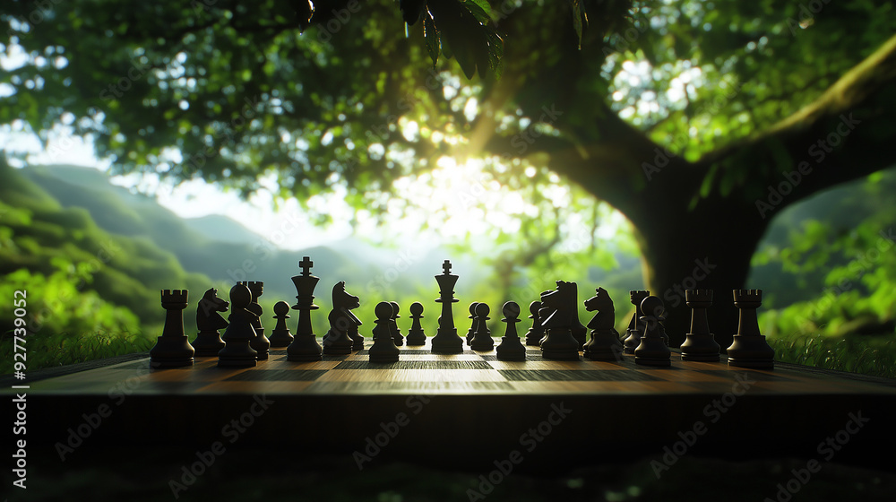 Poster beneath the shade of a lush tree, a chess game unfolds, with each piece symbolizing a different aspe