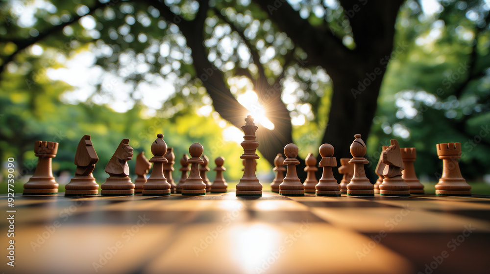 Poster a chessboard set under a sprawling tree, where each move represents a tactic in preserving natural r