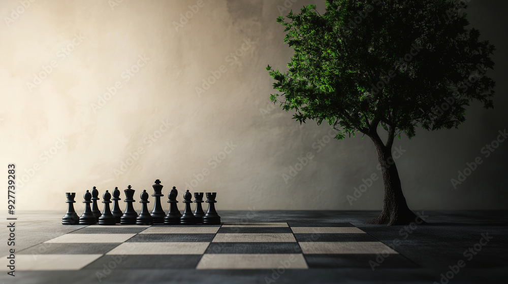 Poster a large tree casts its shadow over a chessboard, with pieces arranged to symbolize the strategic ste