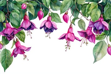 Fuchsia and Lime Green Floral Arrangement with Cascading Petals and Twisted Stems Framed by Laurel Leaves on an Isolated White Background