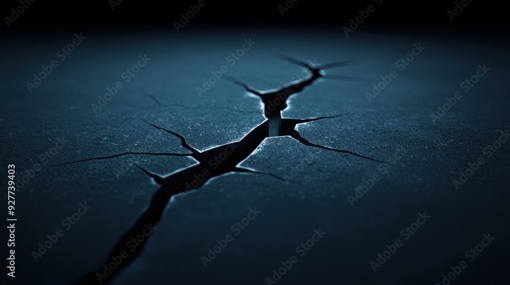 Poster a close-up view of a deep crack in a dark surface, emphasizing texture and contrast in shadows and l
