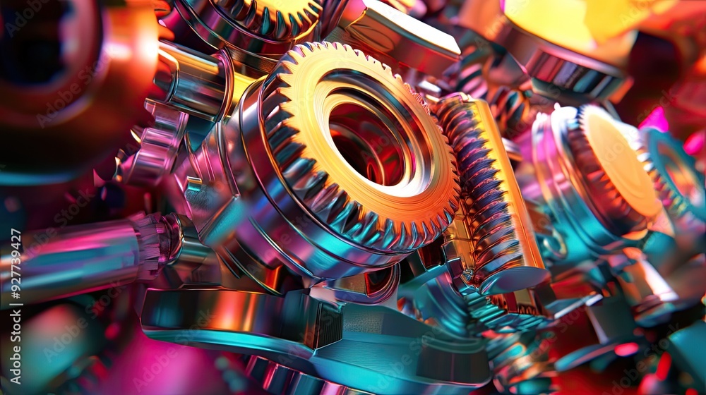 Poster 3d multicolored engine gears in a small abstract scene, showcasing a playful blend of hues and mecha