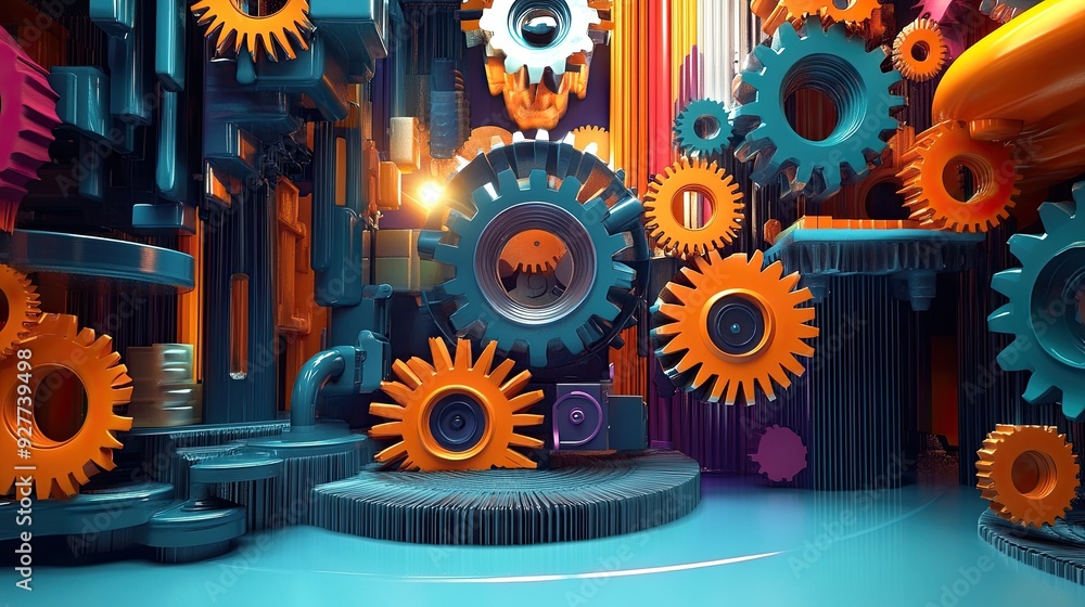Poster 3d multicolored engine gears in a small abstract scene, showcasing a playful blend of hues and mecha