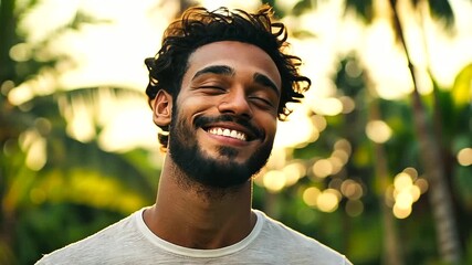 A joyful man beaming with happiness in a vibrant tropical setting, immersed in the beauty of nature. The lush green foliage creates a serene backdrop, symbolizing the reward of relaxation after a peri