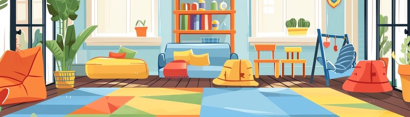 Comfortable play area, kids  rugs and colorful decor, flat design illustration