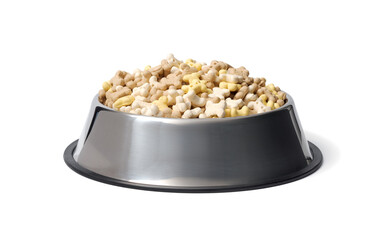 A bowl of dog food on a white background