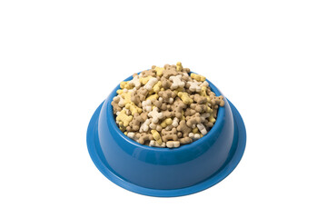A bowl of dog food on a white background