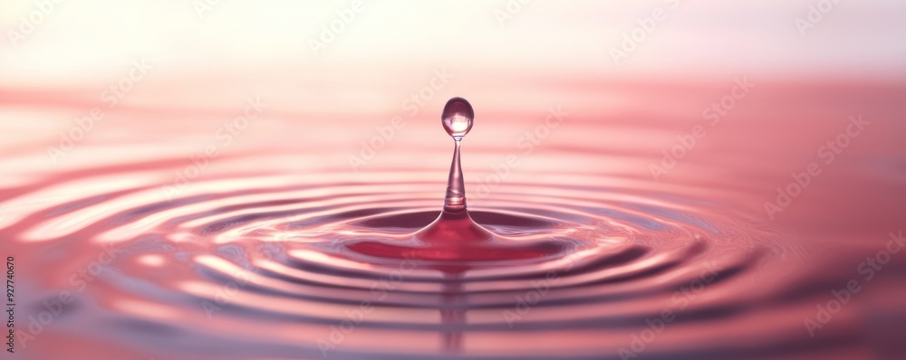 Poster a mesmerizing water drop creating ripples in a soft pink backdrop, symbolizing serenity and the beau