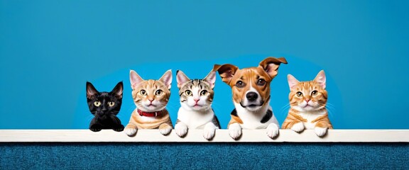 Fototapeta premium Dogs and Cats, peeking over the clear solid top line, petshop banner, happy, smile, funny.