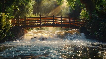 Obraz premium A wooden bridge spans a rapid stream connecting picture