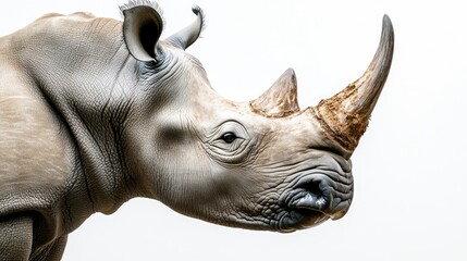Obraz premium A close-up of a rhinoceros with its head slightly turned, on a white background, emphasizing its rugged strength and distinct features.