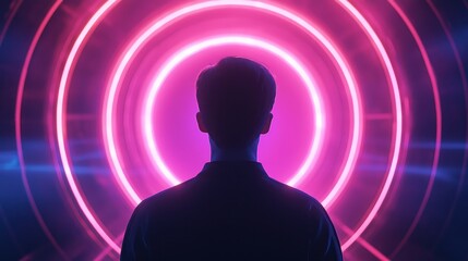 A person stands in silhouette against vibrant neon circles, capturing the essence of modern technology and futuristic aesthetics.