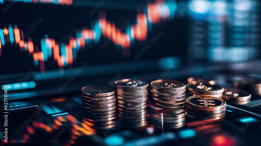 Aufkleber coins arranged in neat columns with a stock market graph pulsing in the background, representing fin