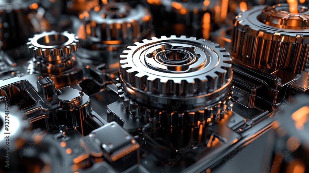 Poster a futuristic display of 3d engine gears, highlighting their role in driving technological progress. 