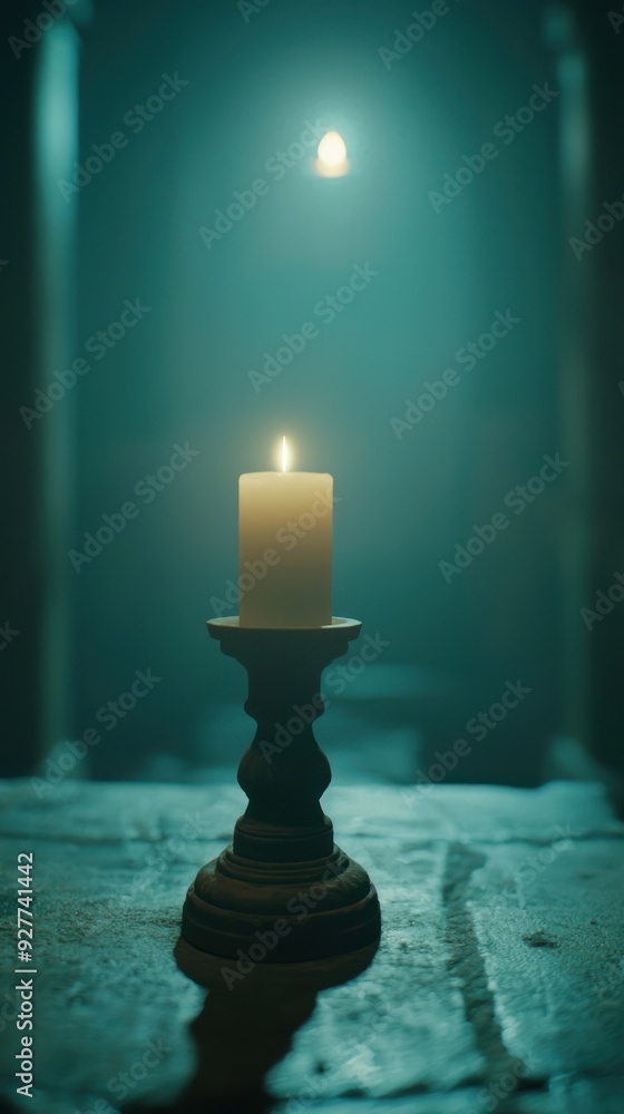 Poster a serene candle casting a warm glow in a dimly lit atmosphere, perfect for creating a calming ambian