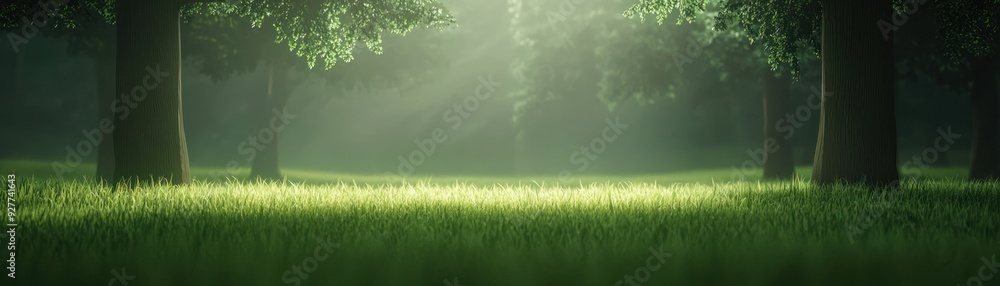 Poster a serene forest scene illuminated by soft sunlight filtering through trees, casting gentle shadows o