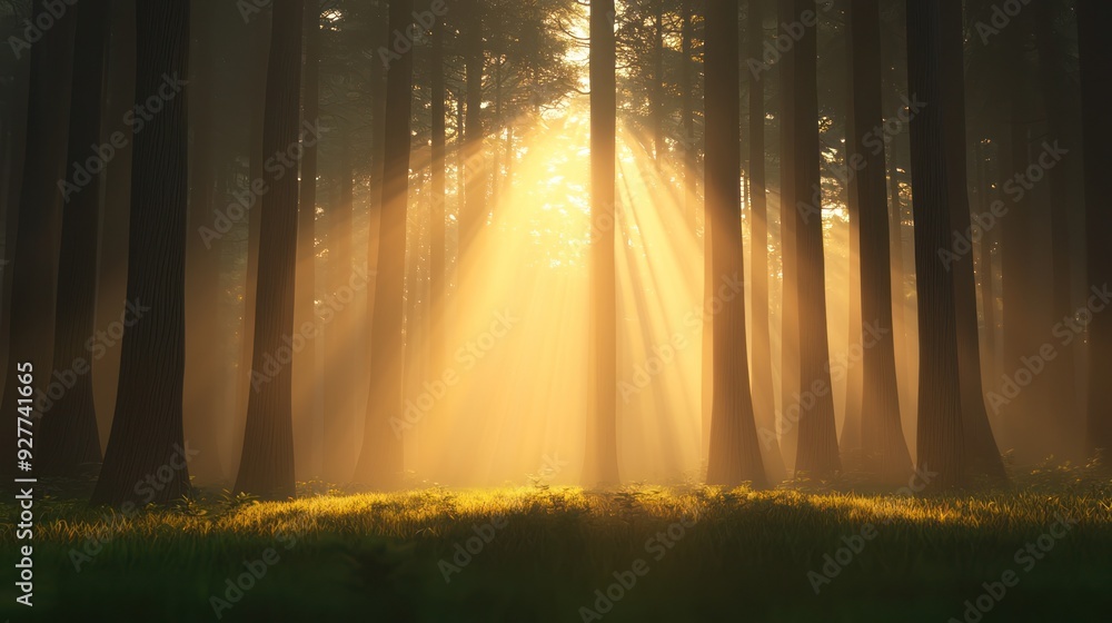 Poster a serene forest scene with sunlight streaming through tall trees, creating a peaceful and enchanting