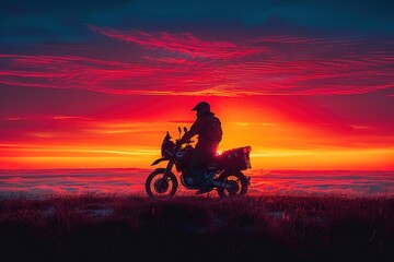 A silhouette of a motorbike rider against the vibrant colors of a desert sunset , free space for text --ar 3:2 --stylize 750 --v 6 Job ID: 7ce14bd5-fa80-4a2f-b700-1af3b5a72377
