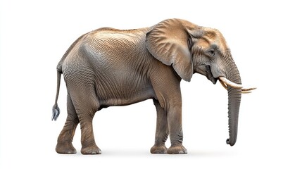 Fototapeta premium A majestic African elephant standing tall on a white background, with its trunk gently curled and tusks prominent, showcasing its strength and grace.