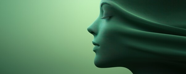 A serene green silhouette of a woman's face, conveying tranquility and elegance with soft flowing lines and a calming ambiance.
