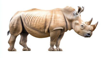 Naklejka premium A powerful rhinoceros standing tall on a white background, captured in a profile view, showcasing its strength and calm demeanor.