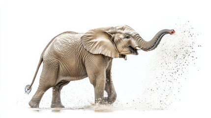 Obraz premium A playful African elephant spraying water from its trunk, set against a white background, capturing a rare moment of joy.