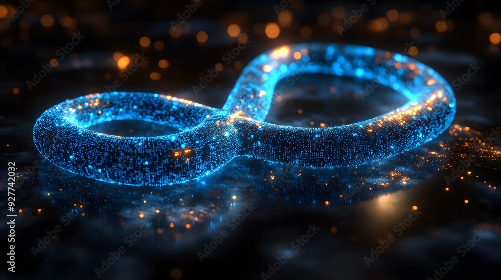 Aufkleber blue infinity symbol composed of sparkling binary code particles on a black background, representing