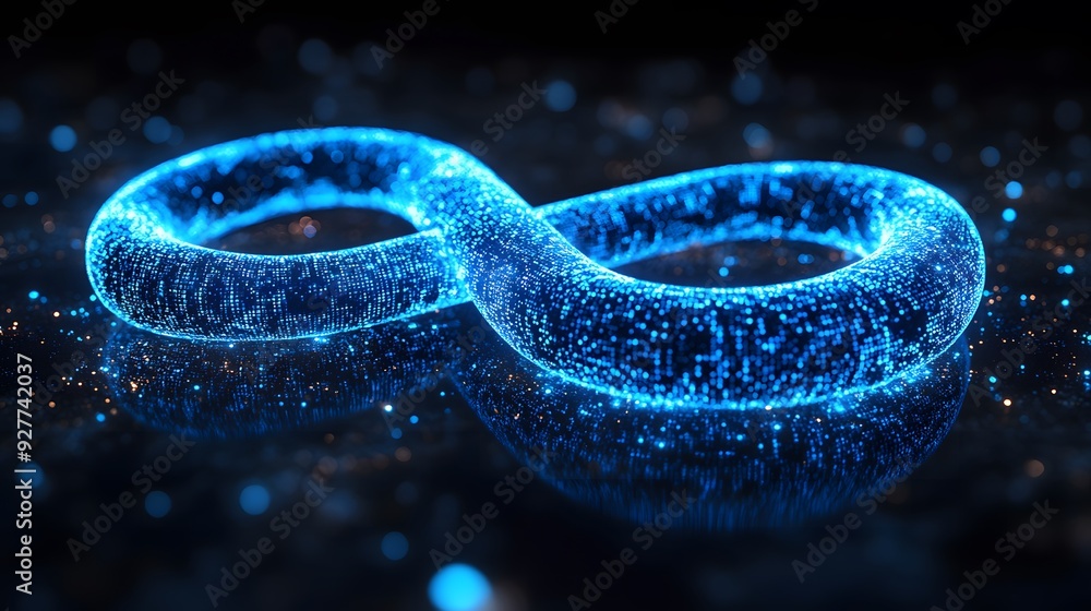 Fototapete blue infinity symbol composed of sparkling binary code particles on a black background, representing