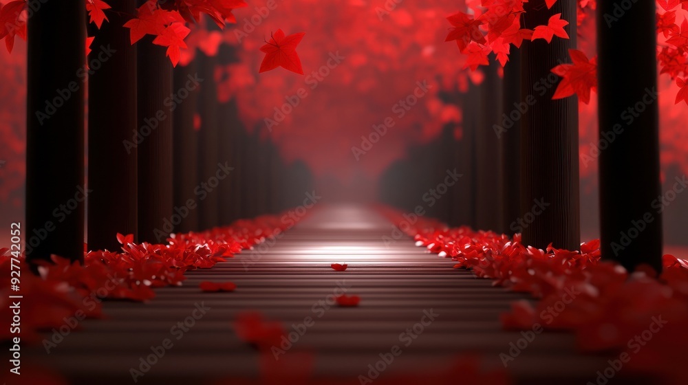 Poster a serene pathway adorned with vibrant red maple leaves, creating a tranquil atmosphere perfect for a