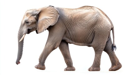 Fototapeta premium A side profile of an African elephant mid-walk on a white background, with one foot slightly lifted, capturing its massive, yet gentle nature.