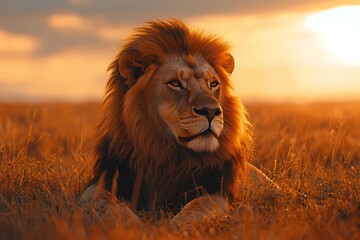 Majestic lion with golden mane lying in the grass at sunset.