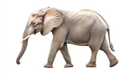Obraz premium A side profile of an African elephant mid-walk on a white background, with one foot slightly lifted, capturing its massive, yet gentle nature.