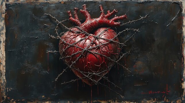 Red heart trapped by barbed wire on rustic background.