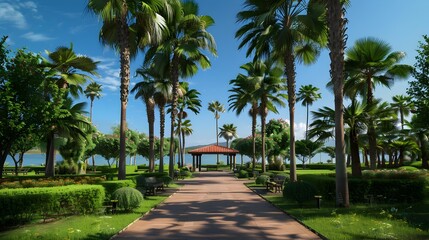 Fototapeta premium Oasissque with tall palm trees and green
