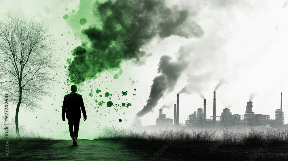 Poster a green figure walks on a path that transforms polluted clouds from nearby factories into clean ener