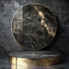 Fototapeta premium Glamorous Gold and Black Geometric Display, an elegant backdrop featuring a polished marble surface with gold accents, ideal for showcasing cosmetic products on a stylish podium.