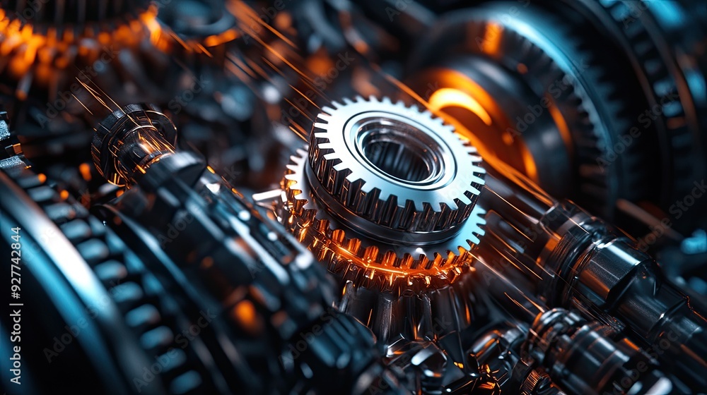 Poster dynamic 3d rendering of engine gears, symbolizing the power and precision of modern technology. the 
