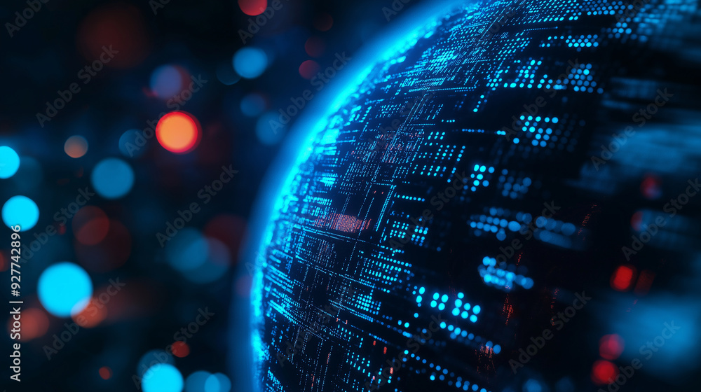Poster a futuristic blue holographic globe with digital data flowing around it on a blue bokeh background, 