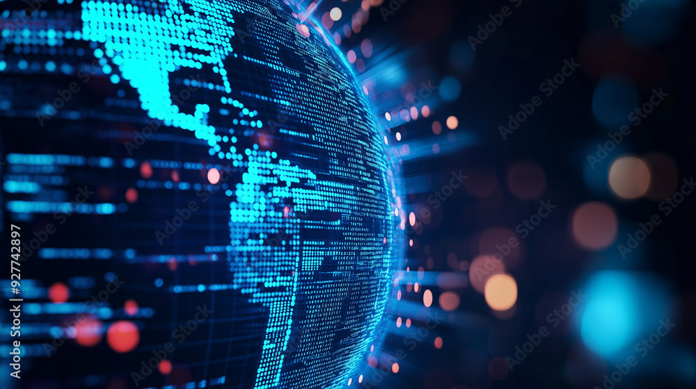 Poster a futuristic blue holographic globe with digital data flowing around it on a blue bokeh background, 