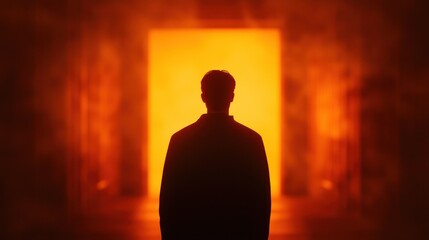 A silhouette of a person standing in front of a glowing orange portal, evoking feelings of mystery and anticipation.