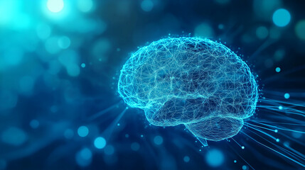 A glowing blue digital brain surrounded by swirling data streams on a blue bokeh background, symbolizing AI intelligence