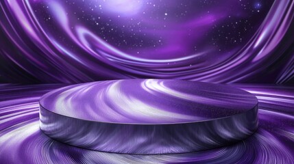 Glam Galactic Podium with Royal Purple and Silver Cosmic Swirls, a luxurious backdrop featuring polished silver surfaces for showcasing cosmetic products in an elegant setting.