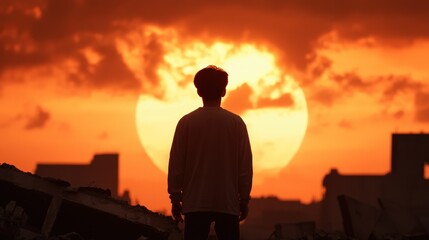 A silhouette of a person standing against a stunning sunset, showcasing vibrant colors and emotional depth in a peaceful moment.