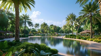 A beautiful oasis surrounded by tall palm trees image
