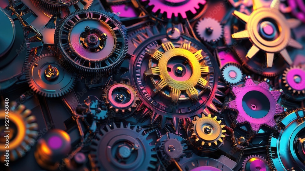 Aufkleber multicolored 3d engine gears arranged in a little abstract scene, creating a vibrant, futuristic aes