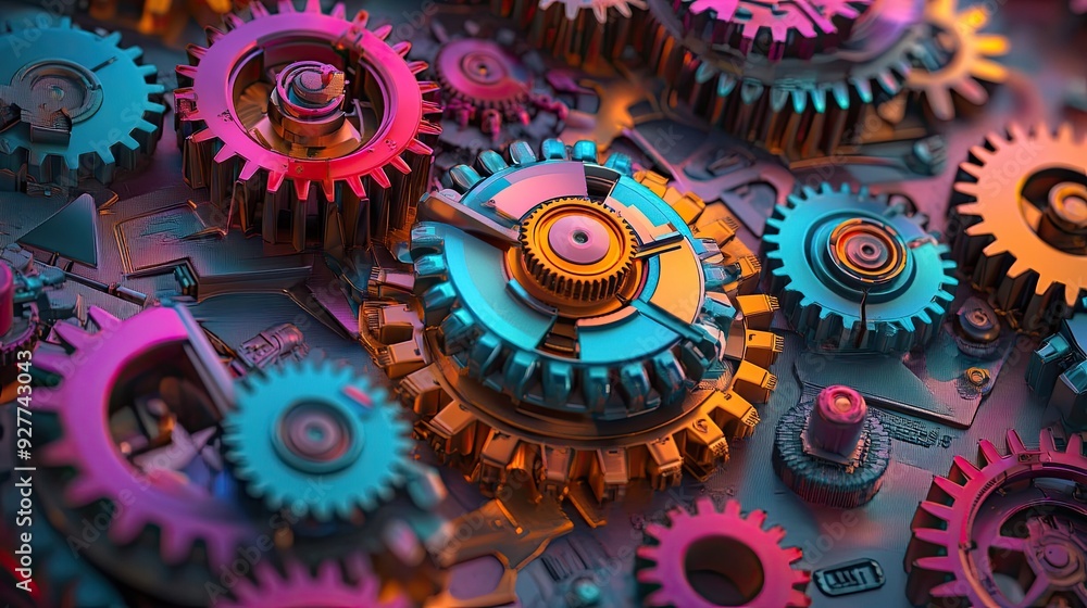 Aufkleber multicolored 3d engine gears arranged in a little abstract scene, creating a vibrant, futuristic aes