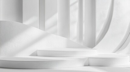 Geometric Harmony in White, A textured plaster background featuring rhythmic patterns, ideal for showcasing cosmetic products on a sleek podium or platform.