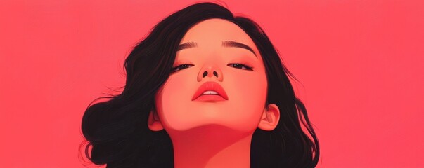 A stunning portrait of a woman with bold features set against a vibrant pink background, exuding confidence and elegance.