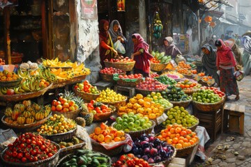 Fototapeta premium A lively scene of a Myanmar market, featuring an array of fresh fruits and vegetables displayed by local sellers, Depict vendors selling colorful fruits and vegetables. Ai generated