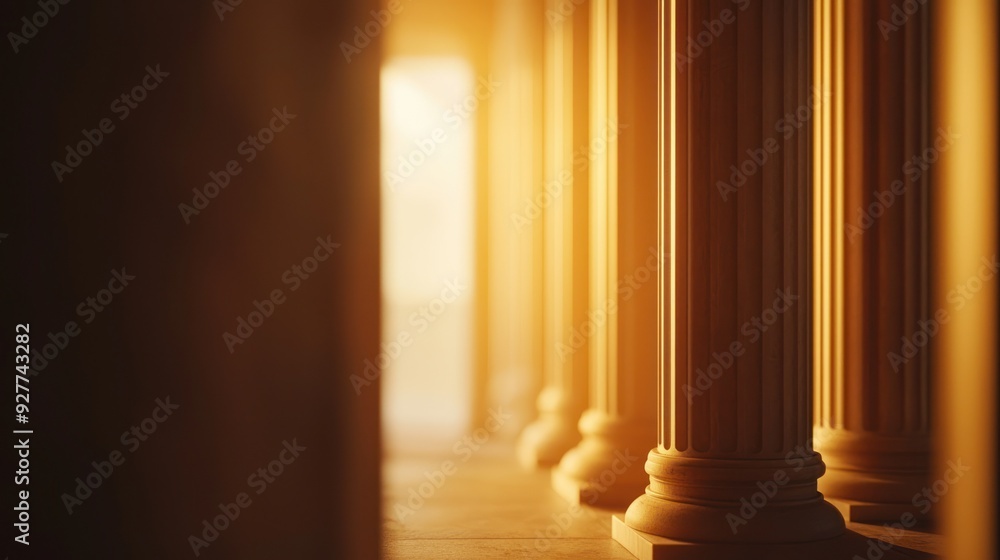 Poster a warm and inviting view of ancient pillars illuminated by soft sunlight, creating a tranquil and ti